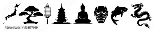 japan culture icons bonsai buddha dragon silhouette vector shape black engraving laser cutting