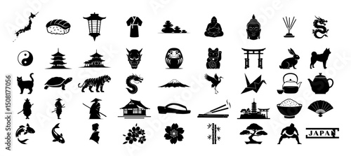 japanese culture and traditional symbols icon set vector shapes black engraving laser cutting