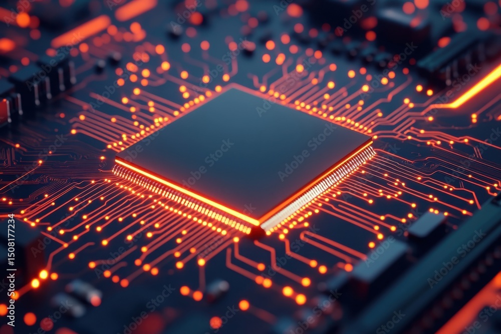 Obraz premium A glowing microchip sits at the center of an illuminated circuit board, symbolizing advanced technology and digital connectivity.