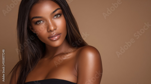 Beautiful young woman with glowing skin and long dark hair posing confidently against brown background