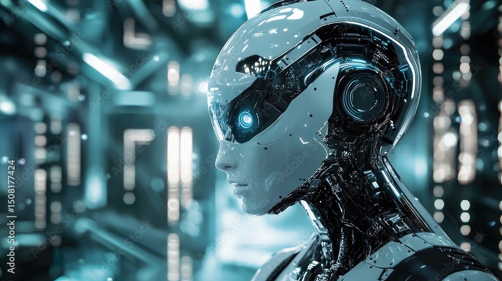 Fototapeta premium Futuristic robot head in intricate technological interior.