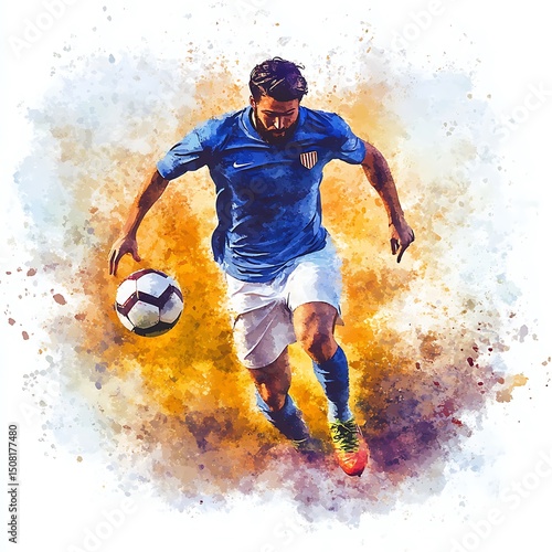 A soccer player in motion, dribbling a ball.