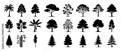 tree types and forest collection black silhouette shape vector