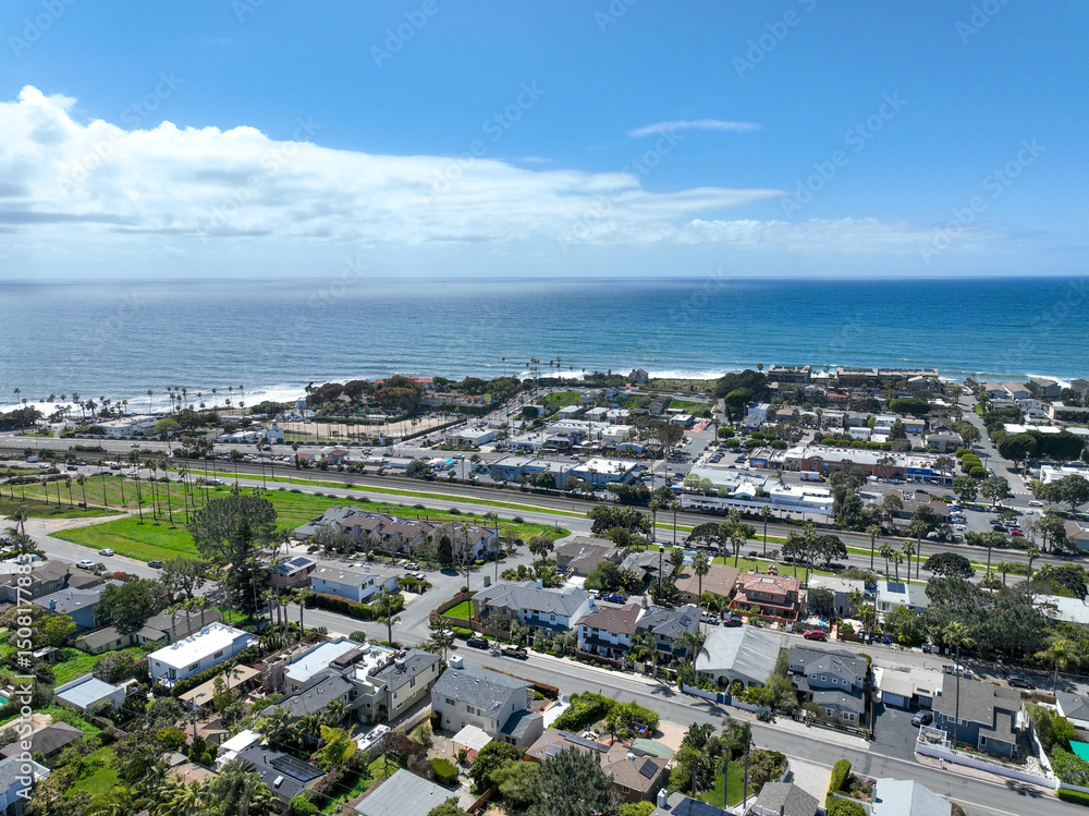 Fototapeta premium Aerial view of wealthy Encinitas town with blue ocean in San Diego, South California, USA. 
