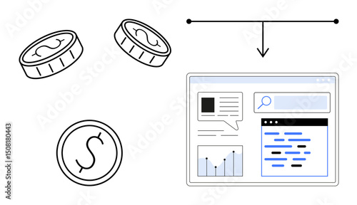 Coins signify monetary value and financial growth connected to online analytics dashboard. Ideal for finance, digital economy, investment, revenue, data analysis, strategy, simple landing page
