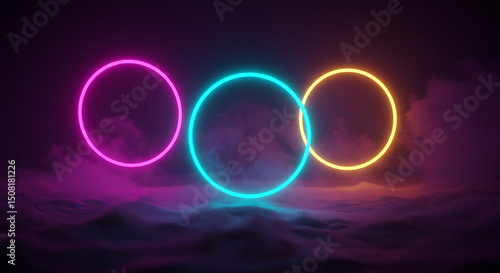 Vibrant Neon Circles Abstract Background Glowing Rings in Smoky Landscape
