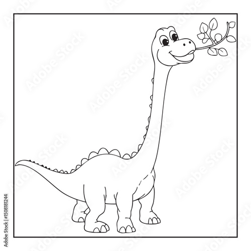 Cute Long-Neck Dinosaur Coloring Page Brachiosaurus Eating Leaves Black and White Line Art for Kids