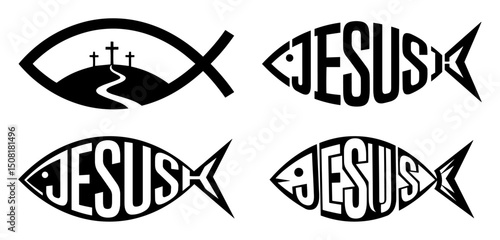 jesus fish symbols and christian icons set