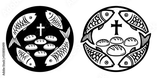 christian loaves and fishes symbol in circle
