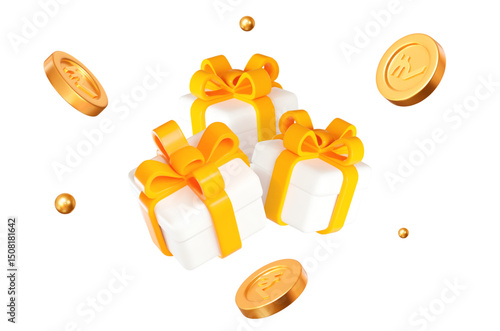 3d white gift box with yellow ribbon and flying gold Indian rupees coins and balls. Stock vector illustration on isolated background