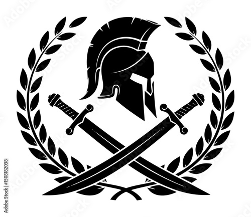 spartan helmet with swords and laurel wreath vector