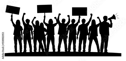 people protesting with banners silhouette vector