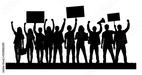 crowd of protesters holding signs vector silhouette