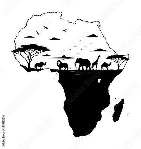 africa map with animals and tree silhouette