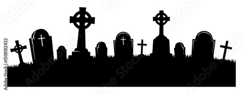 graveyard silhouette with crosses and tombstones vector