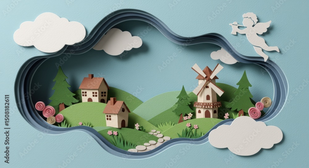 Obraz premium Charming papercraft village landscape with windmill and cherub
