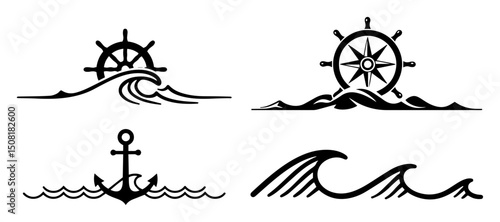 nautical waves anchor and rudder icon set vector