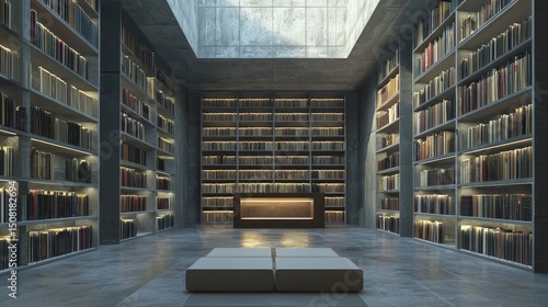 Modern library interior with bookshelves and skylight.