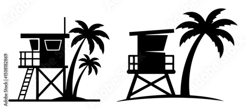 beach lifeguard tower with palm trees silhouette