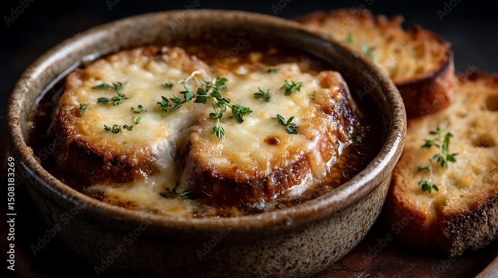 French onion soup with melted cheese and toast. French onion soup with melted cheese and toast.