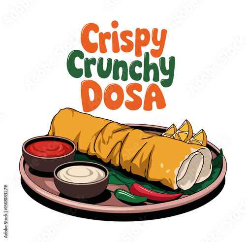Traditional South Indian Dosa with Spicy Sauces and Fresh Chili Peppers on Banana Leaf
