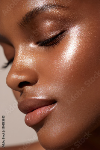 Glowing tan face with smooth skin and closed eyes showing natural beauty and shine in soft light