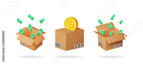 3d vector illustration of money falling out cardboard box and gold coin on top. Delivery box with finance concept.