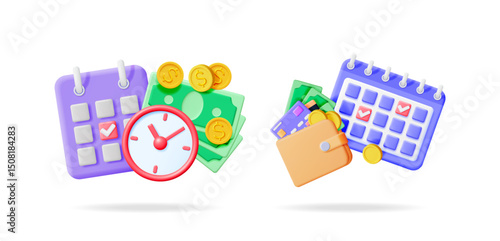 Two charts indicating effective payment reminder concept with calendar and money with wallet. Financial planning and payment due date.