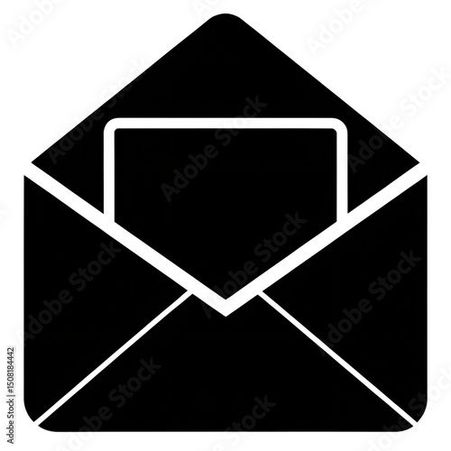 A simple, solid black silhouette icon of an open envelope, ideal for representing new messages, email, or communication. Mail icon, envelope, message symbol isolated on transparent background, email P