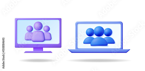 Computer monitor and laptop computer displaying user avatars. Online team collaboration and digital communication concept for internet technology.