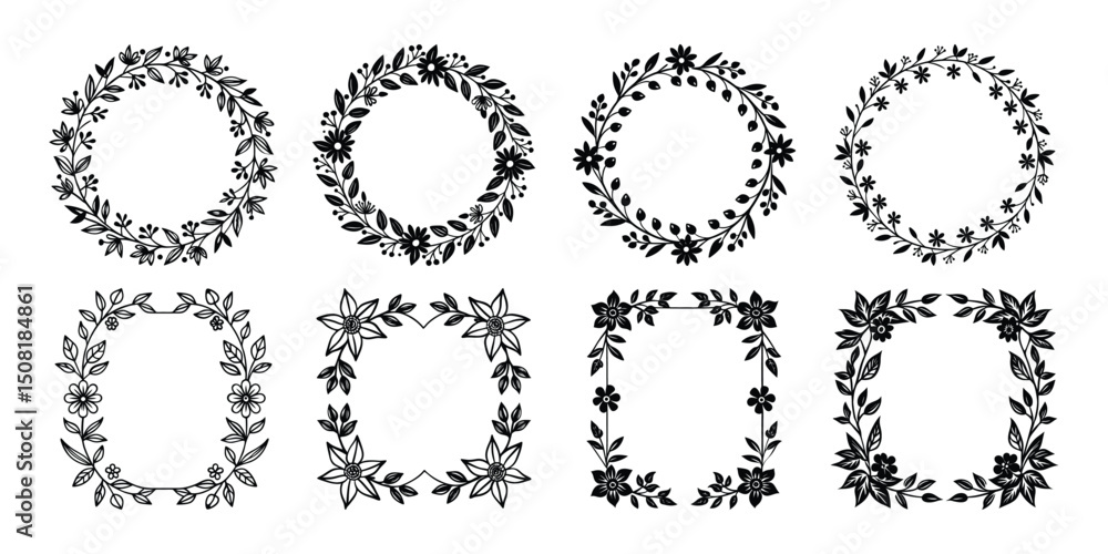 Obraz premium Floral decorative wreath and frame bundle isolated on white background.