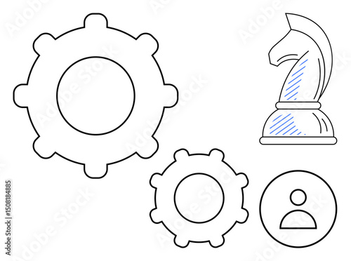 Interlocking gears, a chess knight, and a user icon symbolize teamwork, strategic planning, and individual roles. Ideal for innovation, leadership, problem-solving, business growth organization