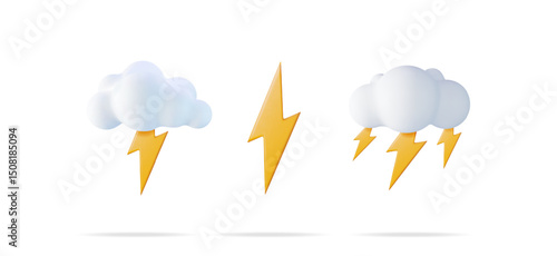 White 3d cloud with lightning set. Weather forecast icon kit. Cute cartoon style thunder elements for mobile app or web design.