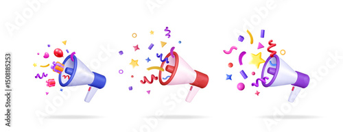 Three 3D render megaphones with colorful confetti. Marketing campaign concept with loudspeakers promoting celebration and announcement.