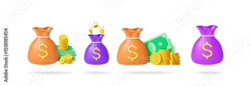 3d vector illustration of money bag with dollar sign and falling coins. Financial savings and investment concept for business.