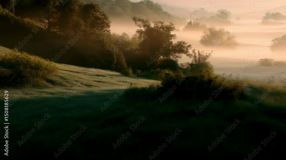 Serene landscape with rolling hills and a valley shrouded in a soft, golden fog during early morning, creating a tranquil, peaceful atmosphere. Serene landscape with rolling hills and a valley shrouded in a soft, golden fog during early morning, creating a tranquil, peaceful atmosphere.