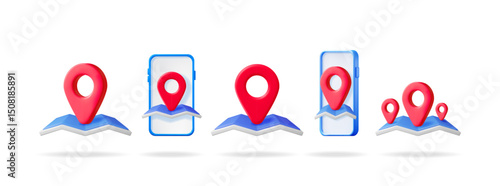 Red location pin on abstract map with smartphone. GPS navigation and routing map app. Location tracking and travel concept.