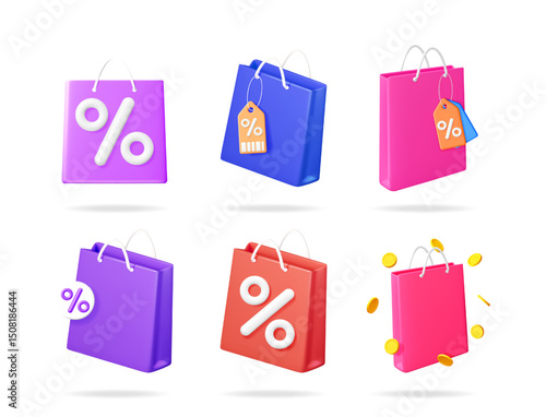 Set of shopping bags with various discount symbols and floating coins. Concept for promotion, sale, online purchase, and retail offer.