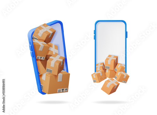 Cardboard boxes coming out of smartphone displaying concept of online delivery service. E-commerce shipping illustration.