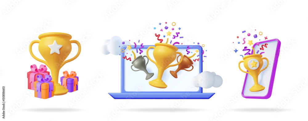 Fototapeta premium Golden trophy cup with gift boxes and awards on laptop and phone. Online contest winner and prize concept.