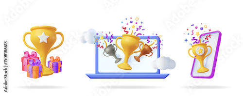Golden trophy cup with gift boxes and awards on laptop and phone. Online contest winner and prize concept.