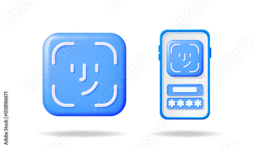 Face identification scan concept shown as a 3d icon and on a virtual interface on a smartphone. Biometric security authentication for data access.