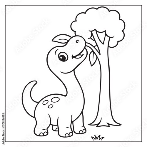 Cute Long-Neck Dinosaur Coloring Page Brachiosaurus Eating Leaves Black and White Line Art for Kids