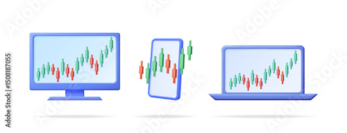 Stock market chart displayed on laptop, smartphone, and computer monitor in a 3D cartoon style. Financial data analysis of currency exchange.