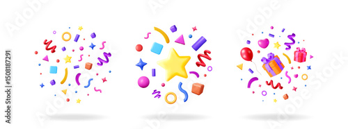 Colorful 3d vector celebration confetti with gift box and star for birthday and Christmas in white background.