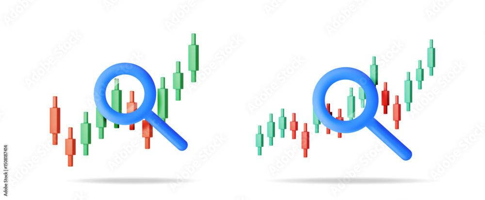© absent84 - Blue magnifying glass examining candlestick chart. Financial data analysis and market research concept. 3d vector illustration set for business strategy.