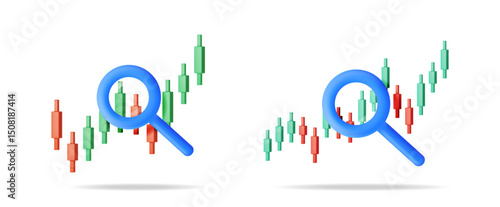 Blue magnifying glass examining candlestick chart. Financial data analysis and market research concept. 3d vector illustration set for business strategy.
