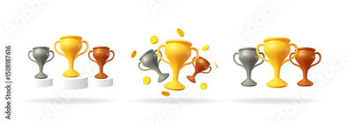 Set of 3d vector illustrations of golden, silver, and bronze winner cups. Prize and award concept for competition achievement.