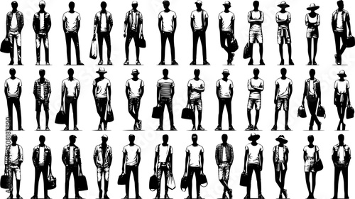Vector silhouettes men and women, illustrations isolated on white background. Silhouettes of young people posing in fashionable clothes. EPS 10 version.