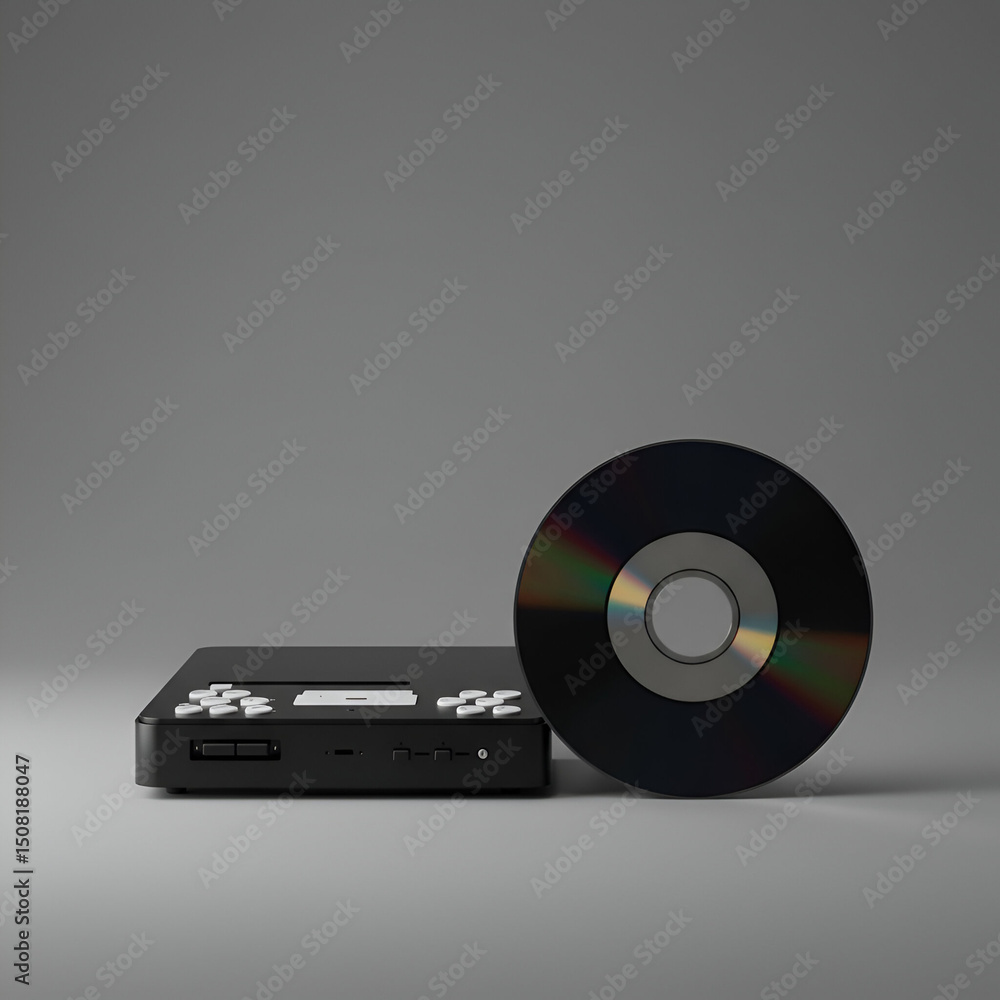 Obraz premium Black multimedia device with white buttons next to a CD resting on a neutral gray surface. Modern technology with a retro aesthetic, evoking memories of the past in a minimalist design.